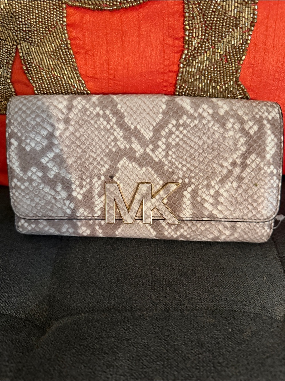 Michael Kors Snake-Print Taupe Clutch with Gold MK Logo